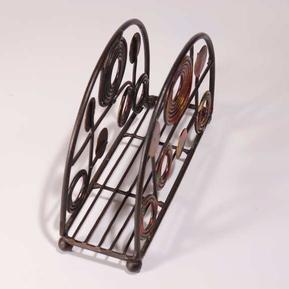 Metal Napkin Holder Kitschy 60's Vibe Mid Century Patina Oxidized 4 Ball Feet - Picture 3 of 3